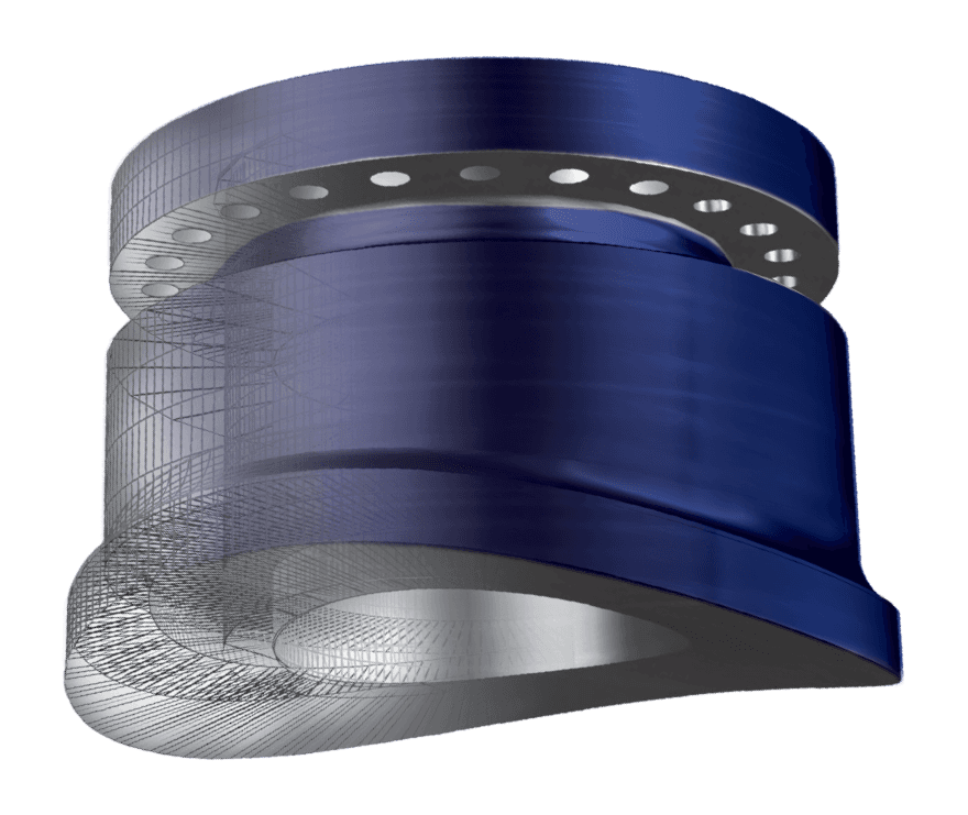 A blue 3D render of a heavy-barrel nozzle with a cutaway, from the catalog cover